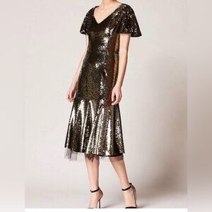 Sachin & Babi Nur Metallic Gold Sequin Ruffle Tulle Trim V-Neck Midi Dress: Sz 4